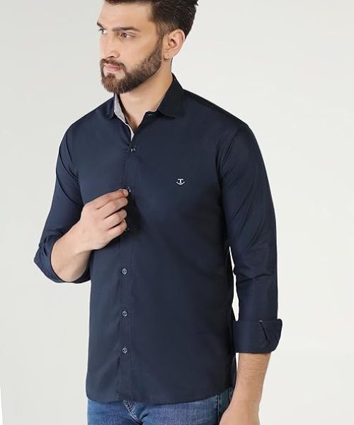 TOPLOT Men's Solid Slim Fit Cotton Blend Casual Shirt with Spread Collar & Full Sleeves