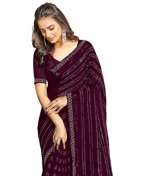 SIRIL Women's Chiffon Hot Fixing Saree With Unstitched Blouse Piece
